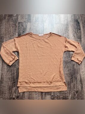 Ces Femme Women’s Small Lightweight Ribbed Pullover 3/4 Sleeve Sweater in Camel